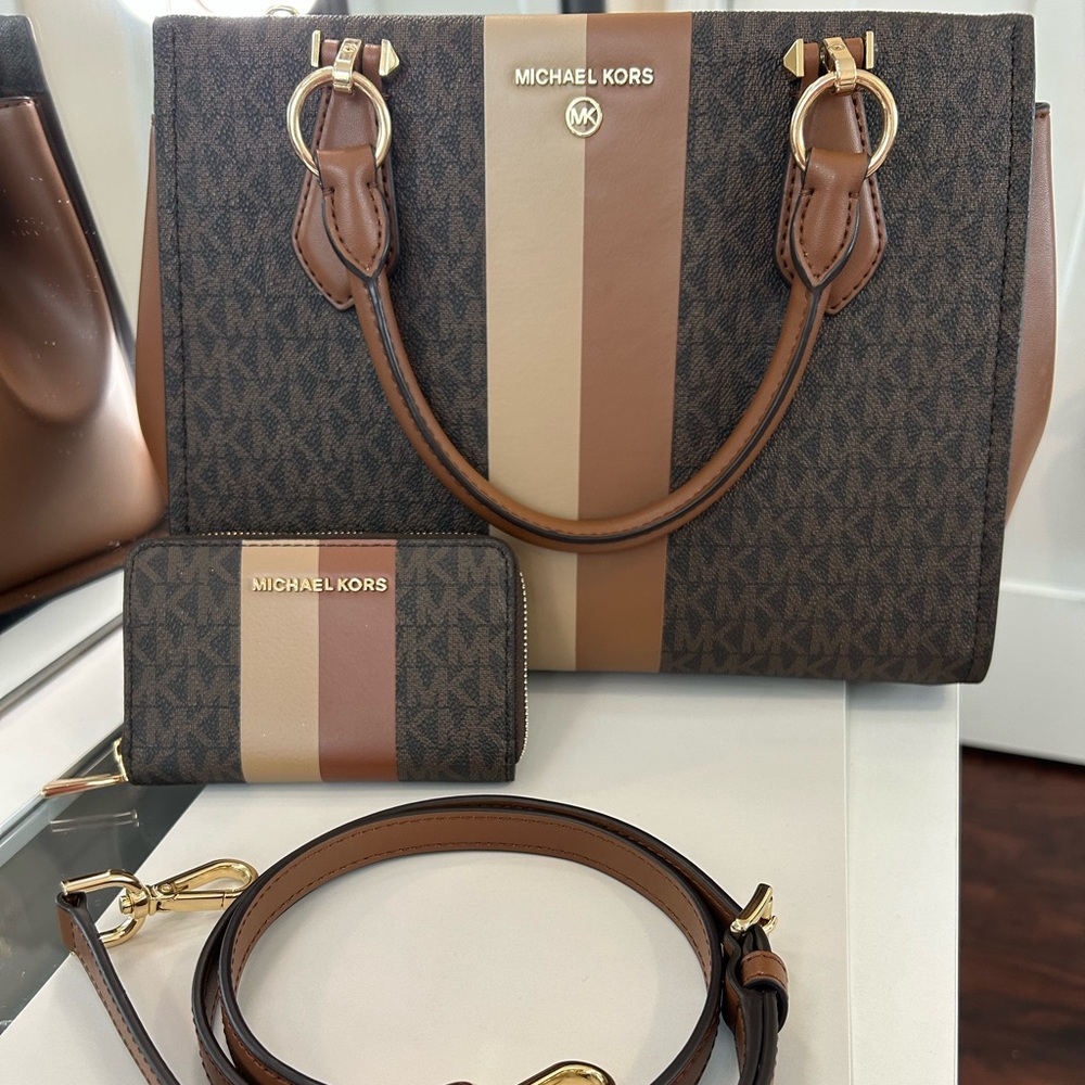 Michael Kors Brown and Cream Women's Bag and Wallet Set